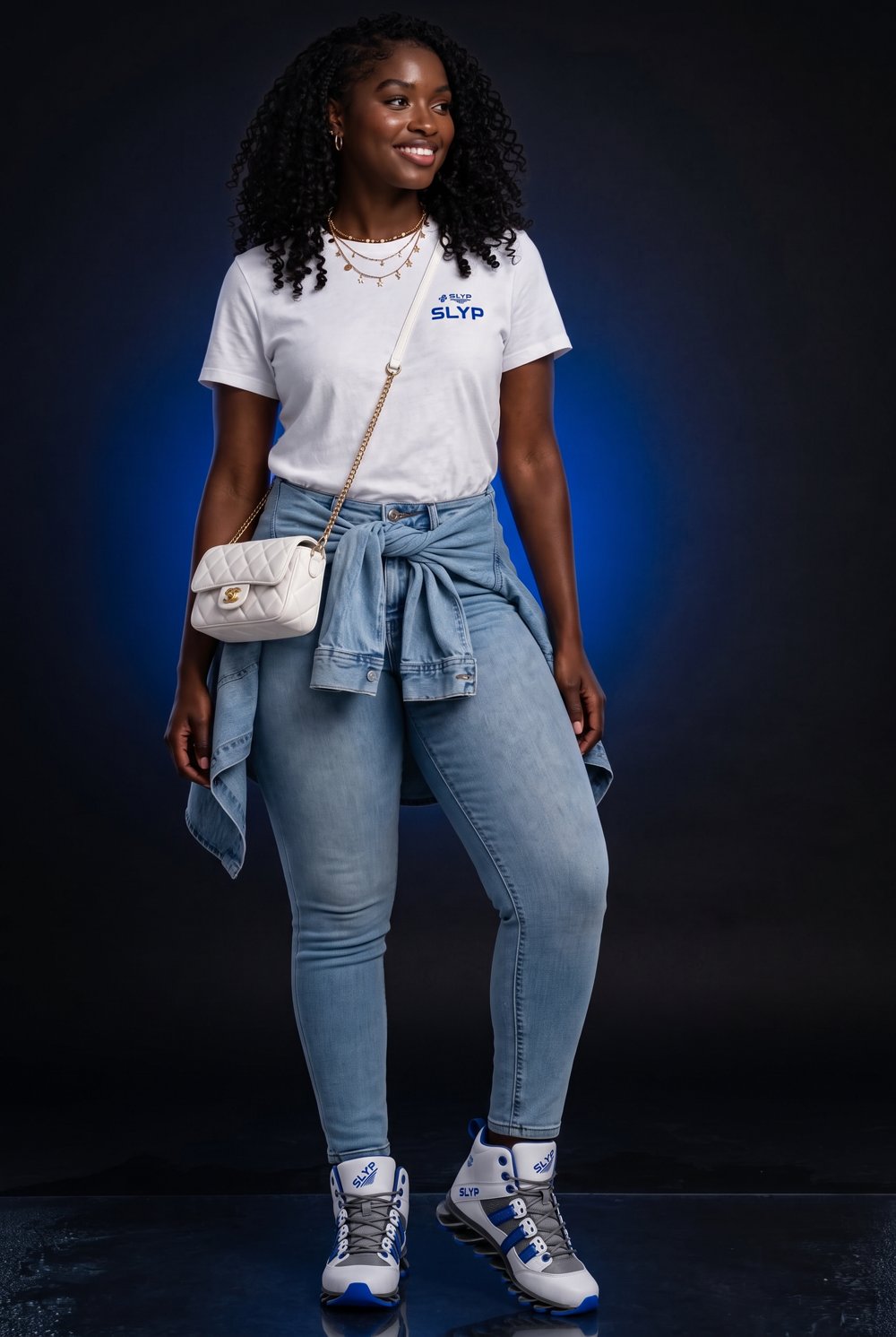 Model in a white SLYP tee and light denim wearing White/Royal SLYP High-Top ASV1 sneakers on a dark blue-lit set