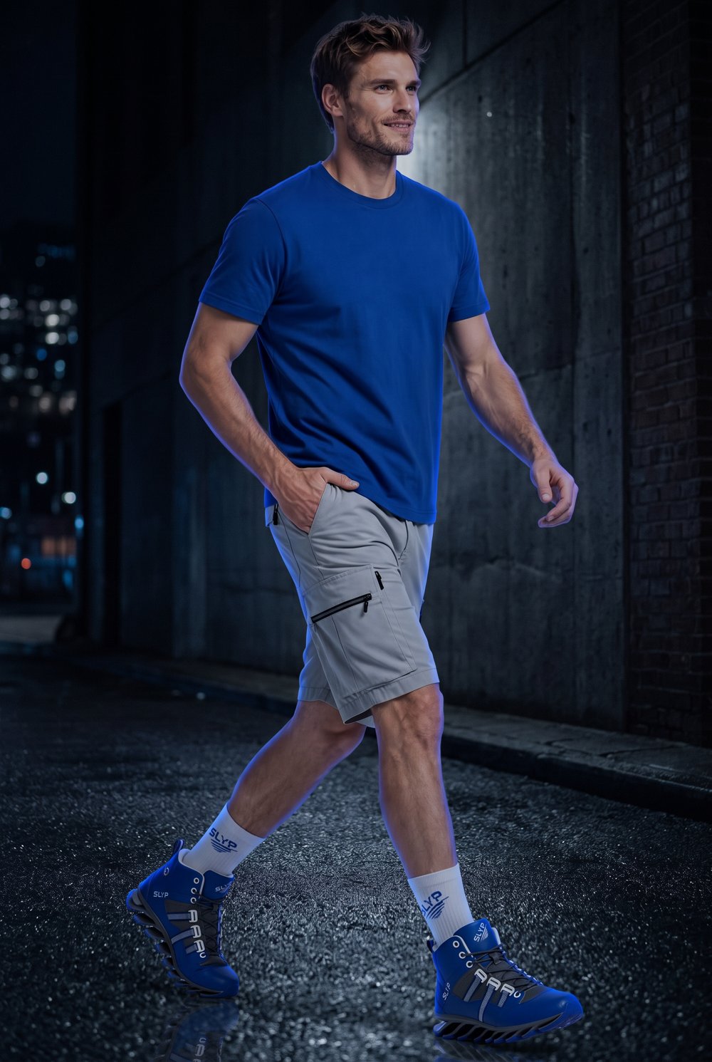 Model in a royal blue tee and grey cargo shorts walking along a street at night in Royal Blue SLYP High-Top ASV1 sneakers